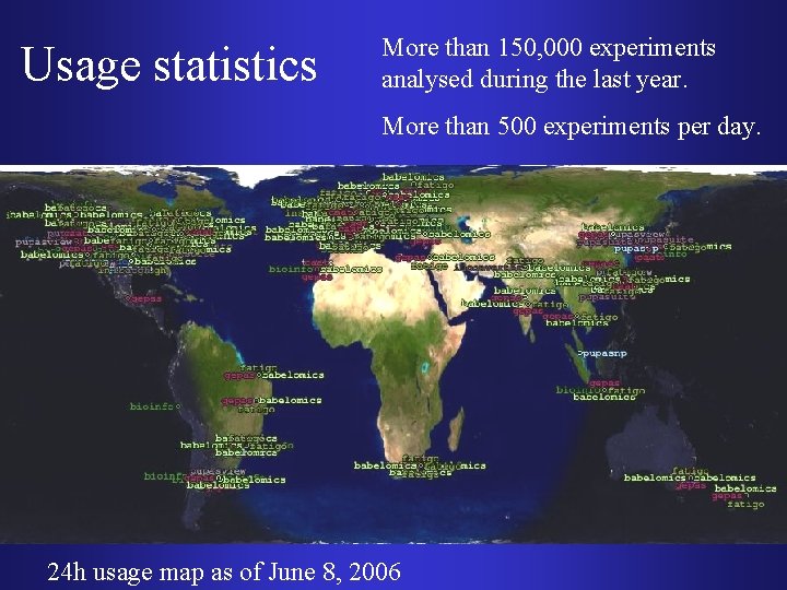 Usage statistics More than 150, 000 experiments analysed during the last year. More than