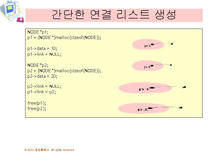 간단한 연결 리스트 생성 NODE *p 1; p 1 = (NODE *)malloc(sizeof(NODE)); p 1