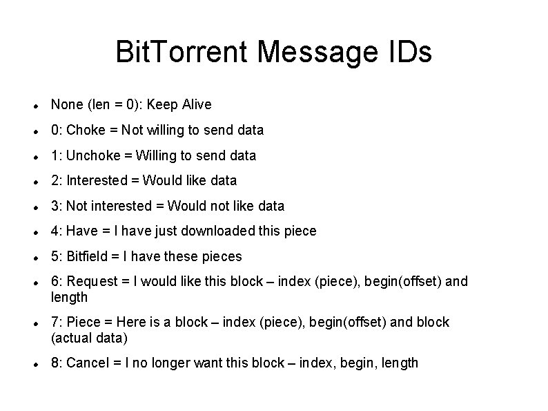 Bit. Torrent Message IDs None (len = 0): Keep Alive 0: Choke = Not