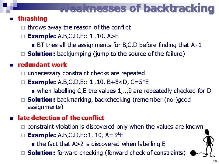 Weaknesses of backtracking n thrashing ¨ throws away the reason of the conflict ¨