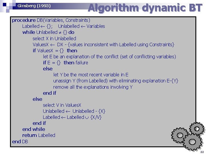 Ginsberg (1993) Algorithm dynamic BT procedure DB(Variables, Constraints) Labelled {}; Unlabelled Variables while Unlabelled