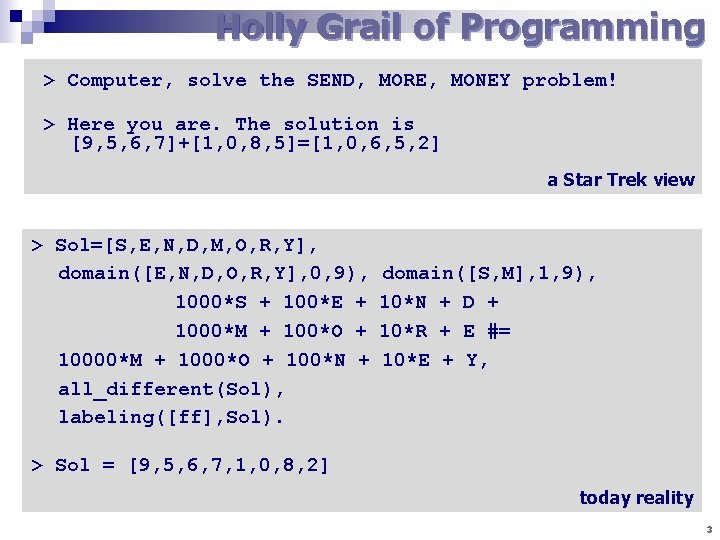 Holly Grail of Programming > Computer, solve the SEND, MORE, MONEY problem! > Here