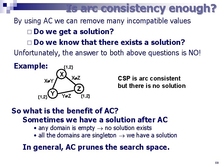 Is arc consistency enough? By using AC we can remove many incompatible values ¨