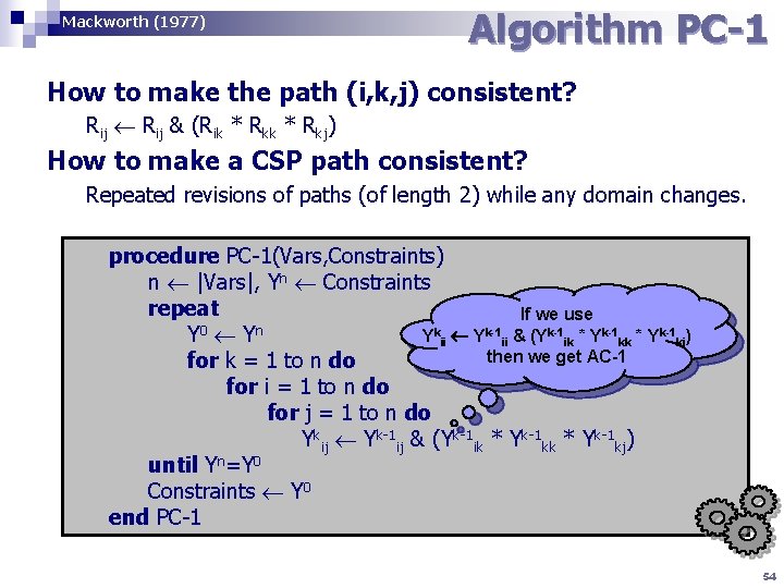 Mackworth (1977) Algorithm PC-1 How to make the path (i, k, j) consistent? Rij