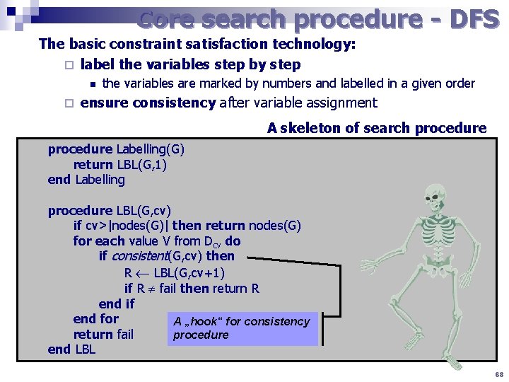 Core search procedure - DFS The basic constraint satisfaction technology: ¨ label the variables