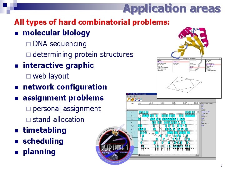Application areas All types of hard combinatorial problems: n molecular biology ¨ DNA sequencing