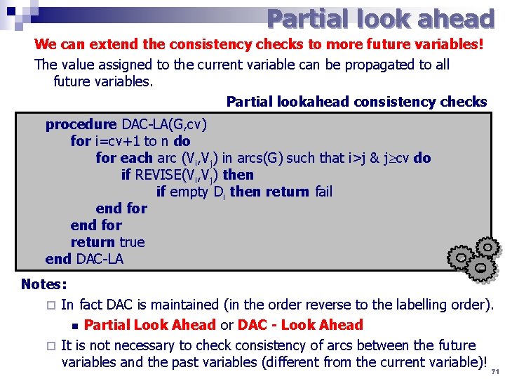 Partial look ahead We can extend the consistency checks to more future variables! The