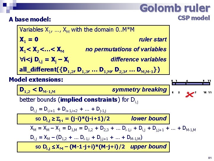 Golomb ruler CSP model A base model: Variables X 1, …, XM with the