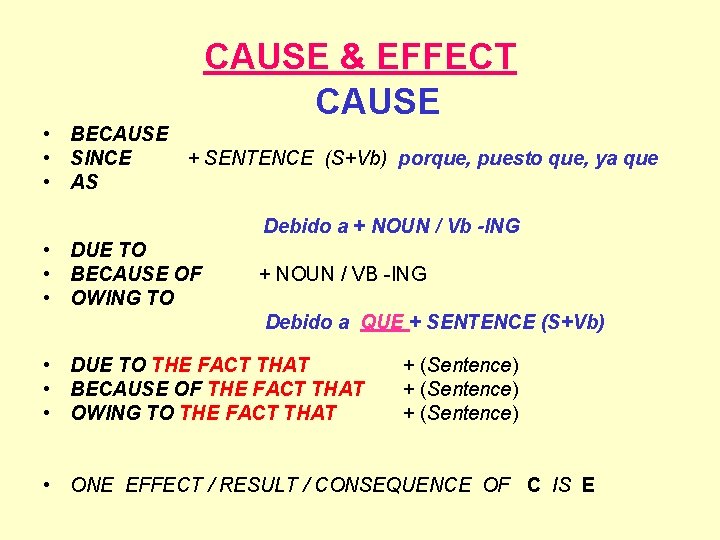 CAUSE & EFFECT CAUSE • BECAUSE • SINCE + SENTENCE (S+Vb) porque, puesto que,