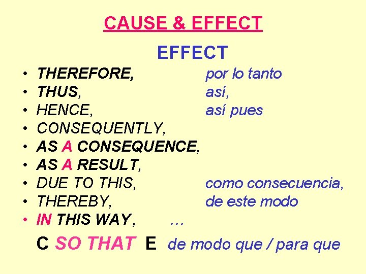 CAUSE & EFFECT • • • THEREFORE, THUS, HENCE, CONSEQUENTLY, AS A CONSEQUENCE, AS