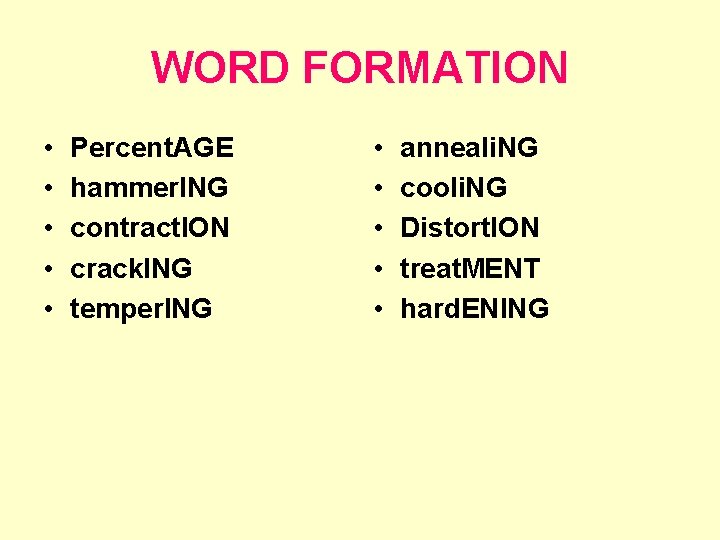 WORD FORMATION • • • Percent. AGE hammer. ING contract. ION crack. ING temper.