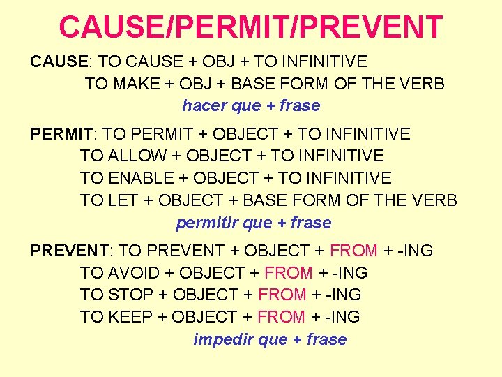 CAUSE/PERMIT/PREVENT CAUSE: TO CAUSE + OBJ + TO INFINITIVE TO MAKE + OBJ +