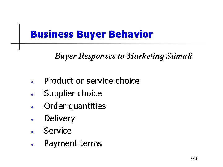 Business Buyer Behavior Buyer Responses to Marketing Stimuli • • • Product or service