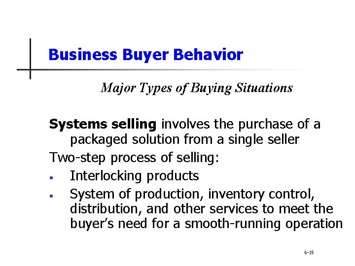 Business Buyer Behavior Major Types of Buying Situations Systems selling involves the purchase of