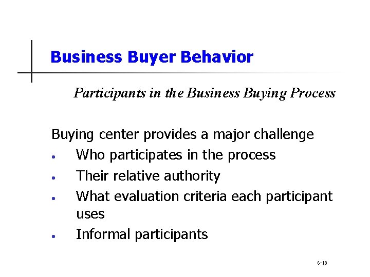 Business Buyer Behavior Participants in the Business Buying Process Buying center provides a major