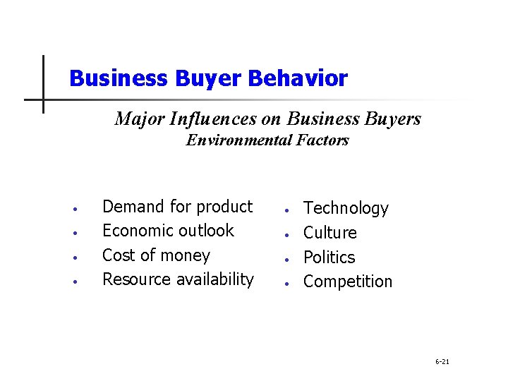 Business Buyer Behavior Major Influences on Business Buyers Environmental Factors • • Demand for