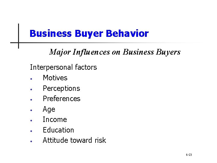 Business Buyer Behavior Major Influences on Business Buyers Interpersonal factors • Motives • Perceptions