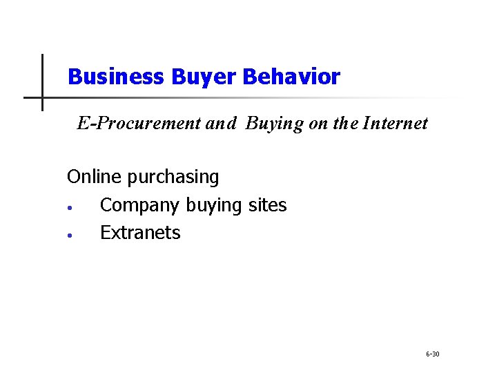 Business Buyer Behavior E-Procurement and Buying on the Internet Online purchasing • Company buying