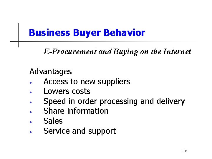 Business Buyer Behavior E-Procurement and Buying on the Internet Advantages • Access to new