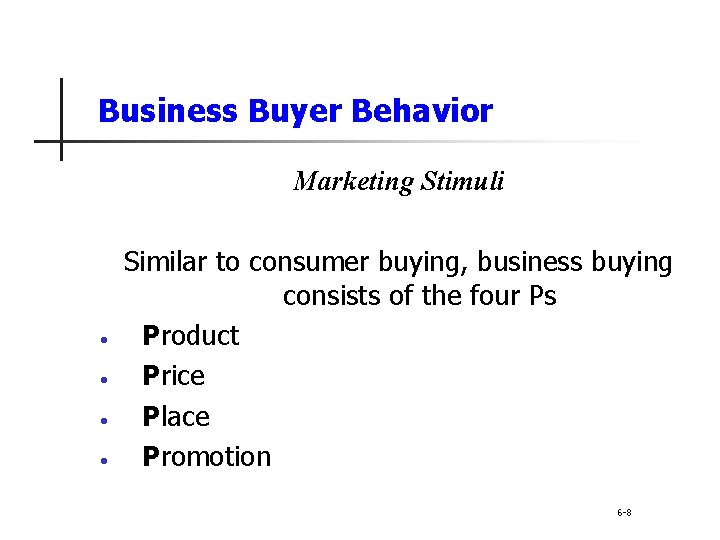 Business Buyer Behavior Marketing Stimuli • • Similar to consumer buying, business buying consists