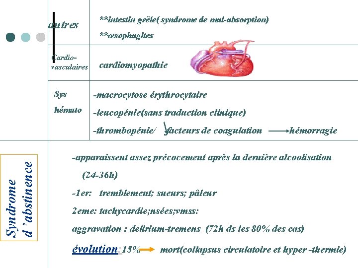 autres Cardiovasculaires **intestin grêle( syndrome de mal-absorption) **œsophagites cardiomyopathie Sys -macrocytose érythrocytaire hémato -leucopénie(sans