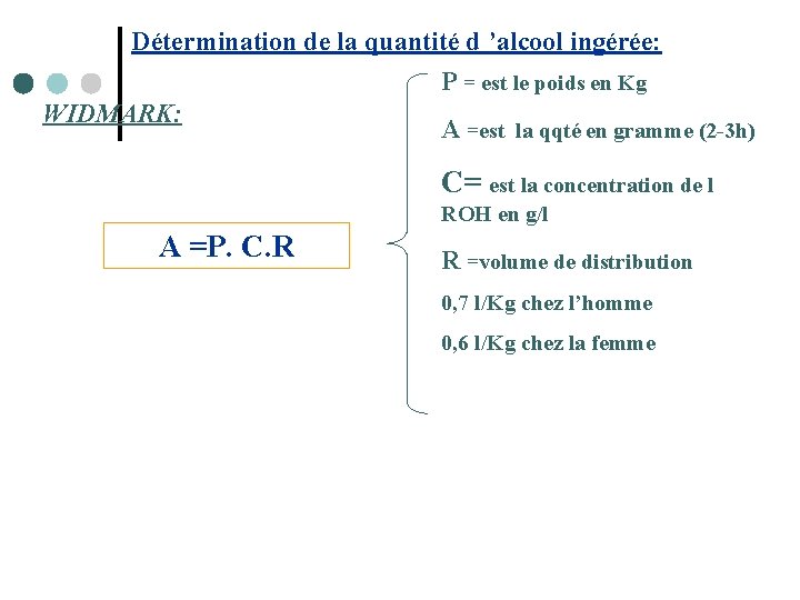 Détermination de la quantité d ’alcool ingérée: P = est le poids en Kg