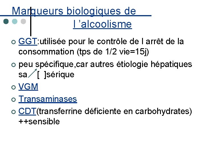  Marqueurs biologiques de l ’alcoolisme GGT: utilisée pour le contrôle de l arrêt