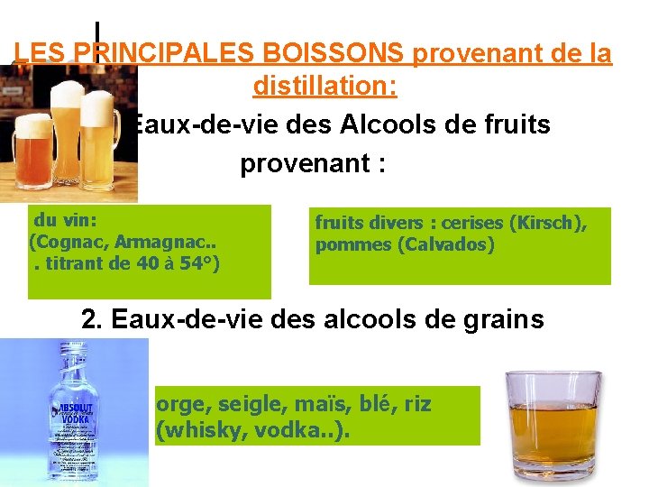 LES PRINCIPALES BOISSONS provenant de la distillation: 1. Eaux-de-vie des Alcools de fruits provenant