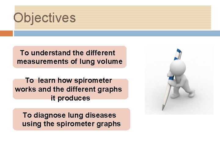 Objectives To understand the different measurements of lung volume To learn how spirometer works