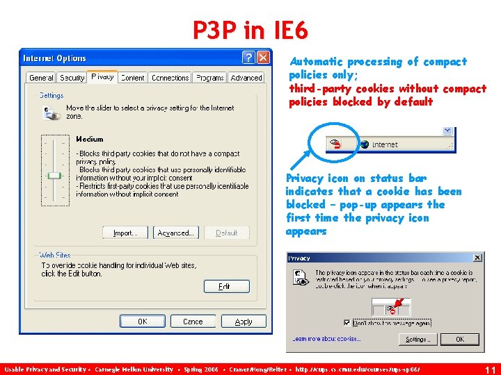 P 3 P in IE 6 Automatic processing of compact policies only; third-party cookies