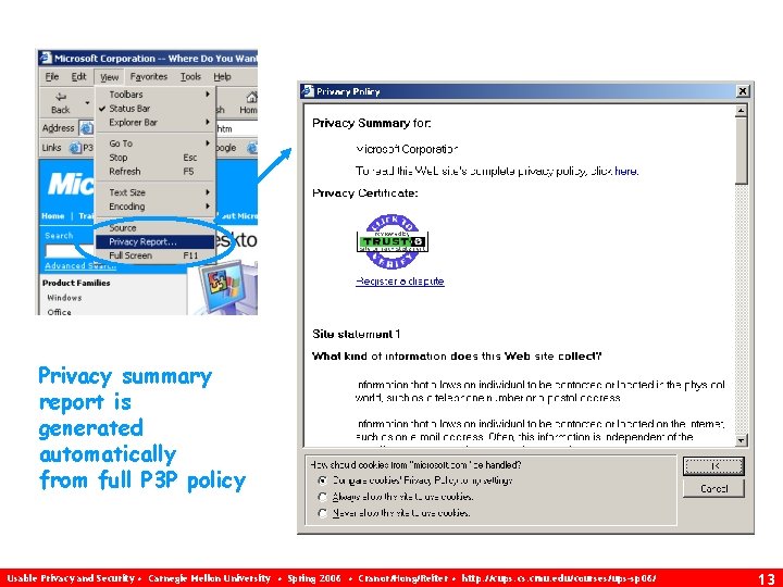 Privacy summary report is generated automatically from full P 3 P policy Usable Privacy