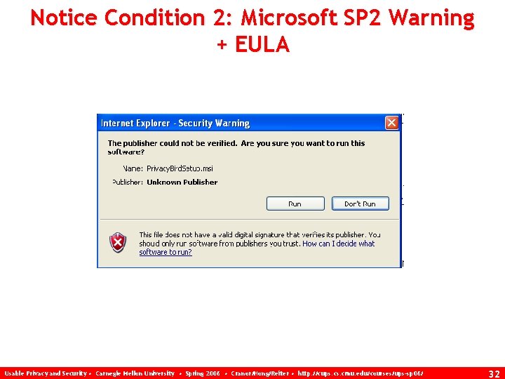 Notice Condition 2: Microsoft SP 2 Warning + EULA Usable Privacy and Security •