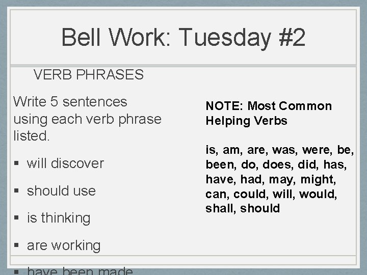 Bell Work: Tuesday #2 VERB PHRASES Write 5 sentences using each verb phrase listed.