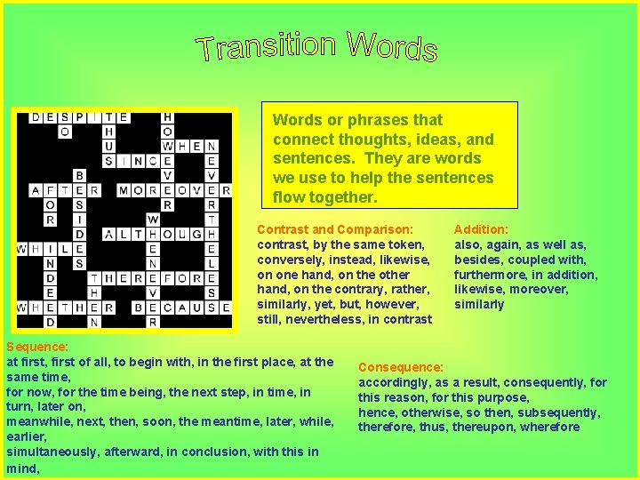 Words or phrases that connect thoughts, ideas, and sentences. They are words we use