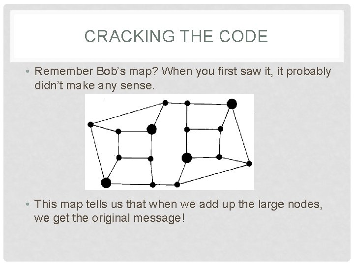 CRACKING THE CODE • Remember Bob’s map? When you first saw it, it probably