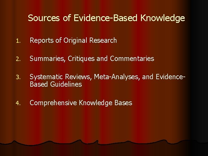 Sources of Evidence-Based Knowledge 1. Reports of Original Research 2. Summaries, Critiques and Commentaries