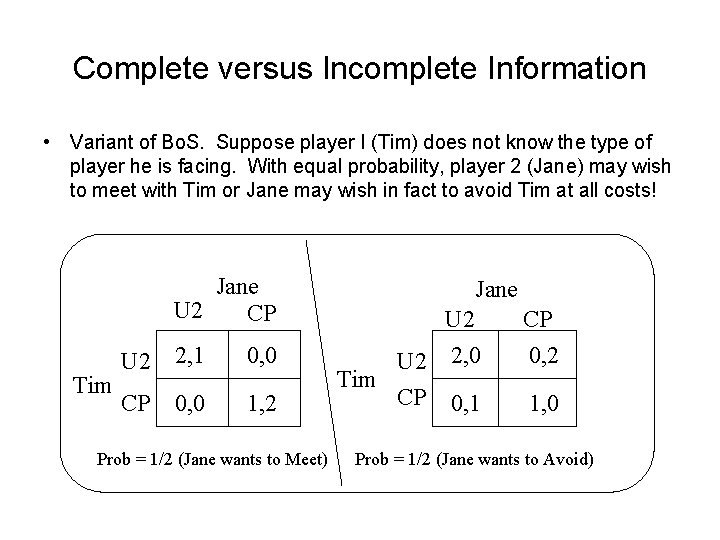 Complete versus Incomplete Information • Variant of Bo. S. Suppose player I (Tim) does