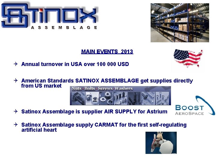 MAIN EVENTS 2013 Annual turnover in USA over 100 000 USD American Standards SATINOX