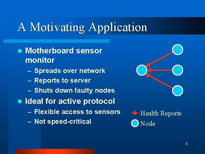 A Motivating Application l Motherboard sensor monitor – Spreads over network – Reports to