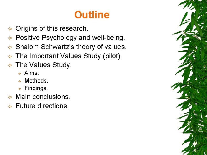 Outline ï ï ï Origins of this research. Positive Psychology and well-being. Shalom Schwartz’s