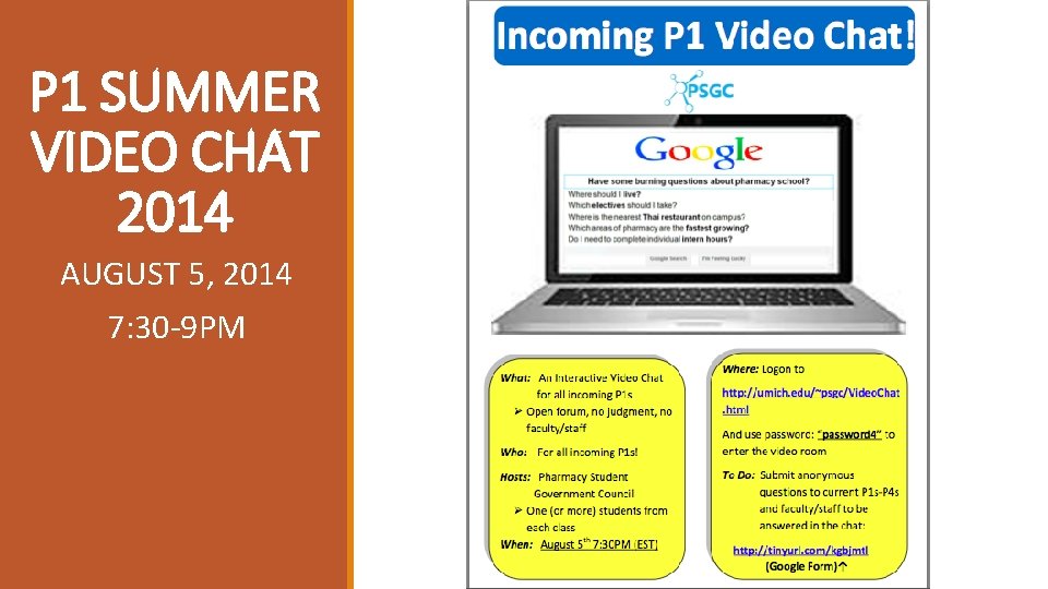 P 1 SUMMER VIDEO CHAT 2014 AUGUST 5, 2014 7: 30 -9 PM 