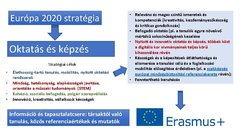 Európa 2020 stratégia Oktatás és képzés 2020 Stratégiai célok • • Élethosszig-tartó tanulás, mobilitás,