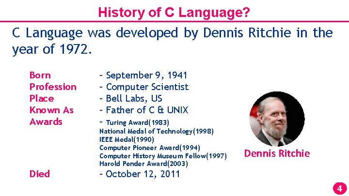 History of C Language? C Language was developed by Dennis Ritchie in the year