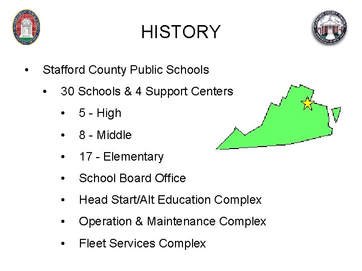 HISTORY • Stafford County Public Schools • 30 Schools & 4 Support Centers •