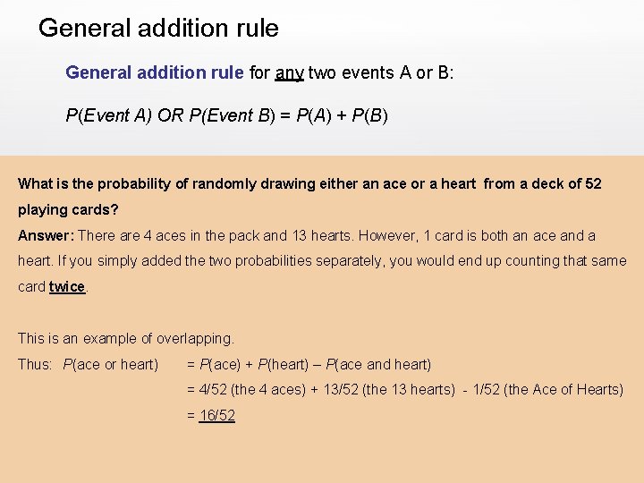General addition rule for any two events A or B: P(Event A) OR P(Event