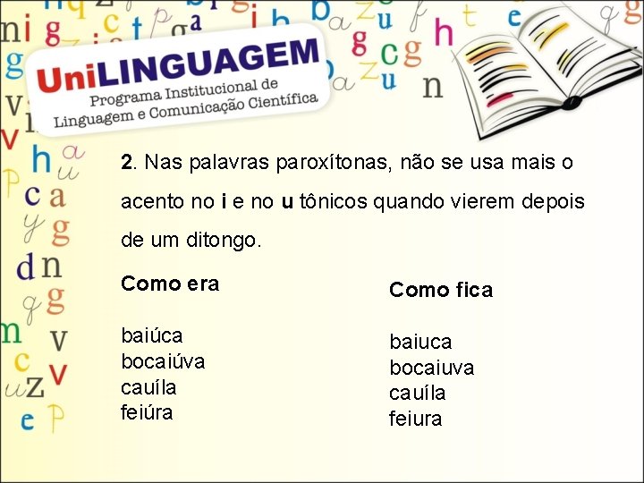 2. Nas palavras paroxítonas, não se usa mais o acento no i e no