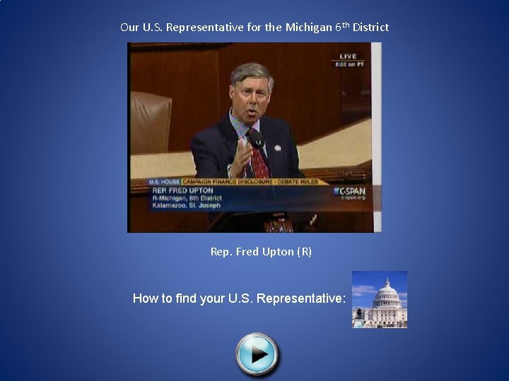 Our U. S. Representative for the Michigan 6 th District Rep. Fred Upton (R)