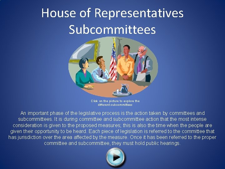 House of Representatives Subcommittees Click on the picture to explore the different subcommittees An