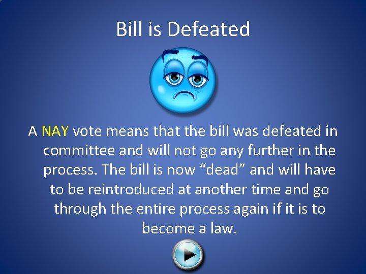Bill is Defeated A NAY vote means that the bill was defeated in committee