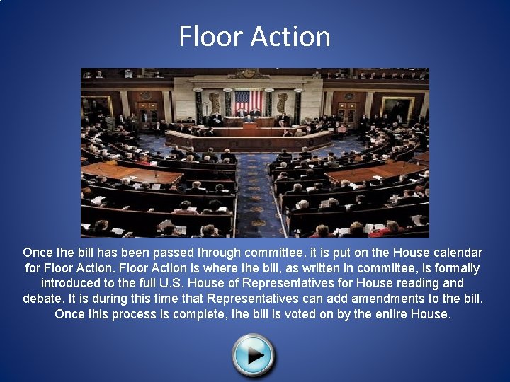 Floor Action Once the bill has been passed through committee, it is put on